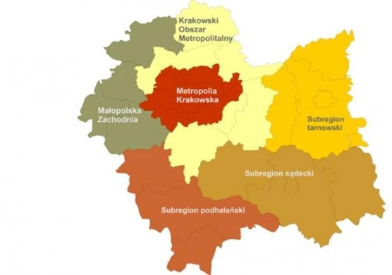 Mapa województwa małopolskiego z zaznaczonymi subregionami